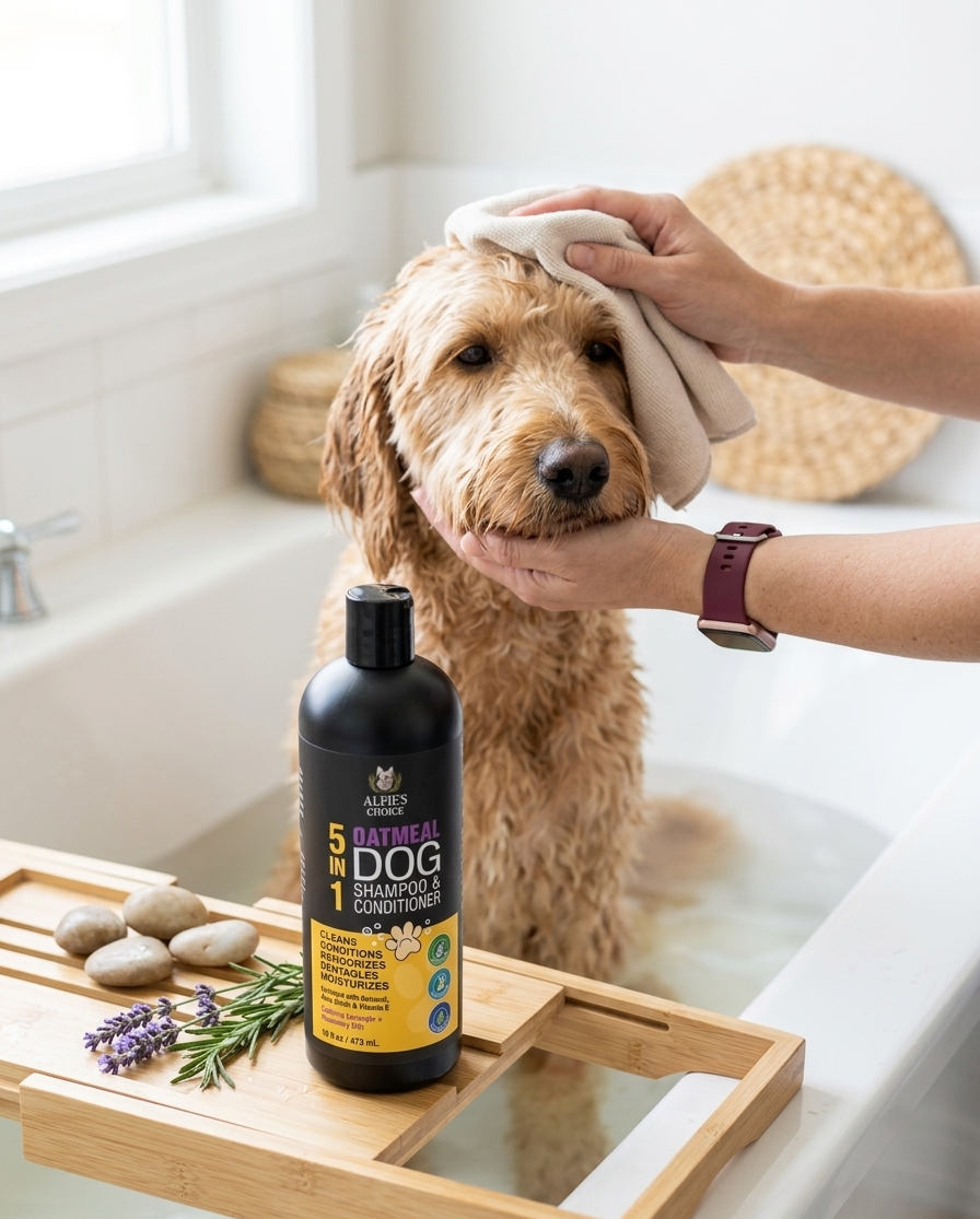 Dog being bathed with a bottle of natural dog shampoo and conditioner in a bathtub.